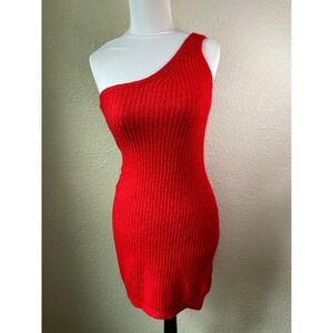 Divided One Shoulder Bodycon‎ Dress Ribbed Knit Sleeveless Party Red M